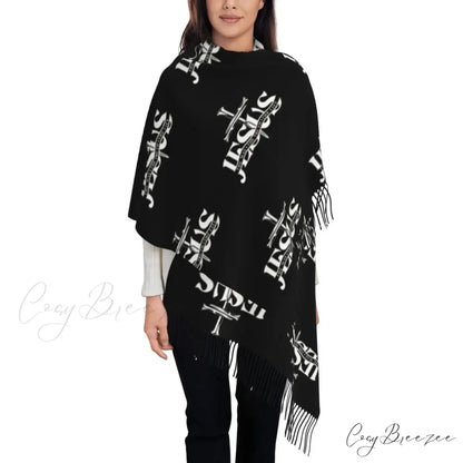 Jesus Saved My Life Warm Winter Christian Faith Shawl Wrap Scarf BLACK 18 / 72x197cm