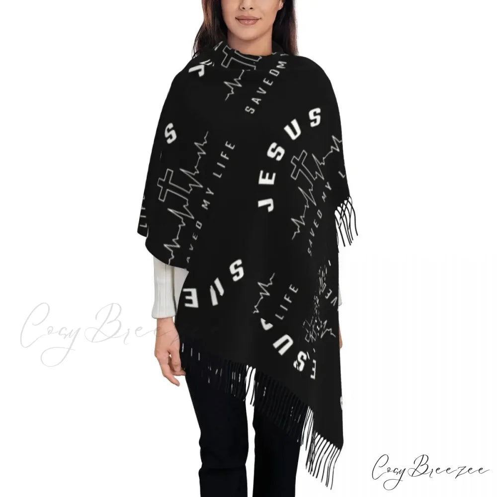 Jesus Saved My Life Warm Winter Christian Faith Shawl Wrap Scarf BLACK 3 / 72x197cm