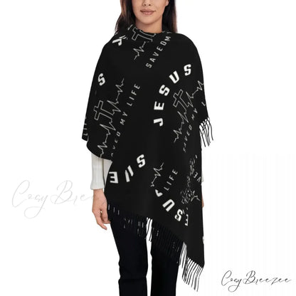 Jesus Saved My Life Warm Winter Christian Faith Shawl Wrap Scarf BLACK 3 / 72x197cm