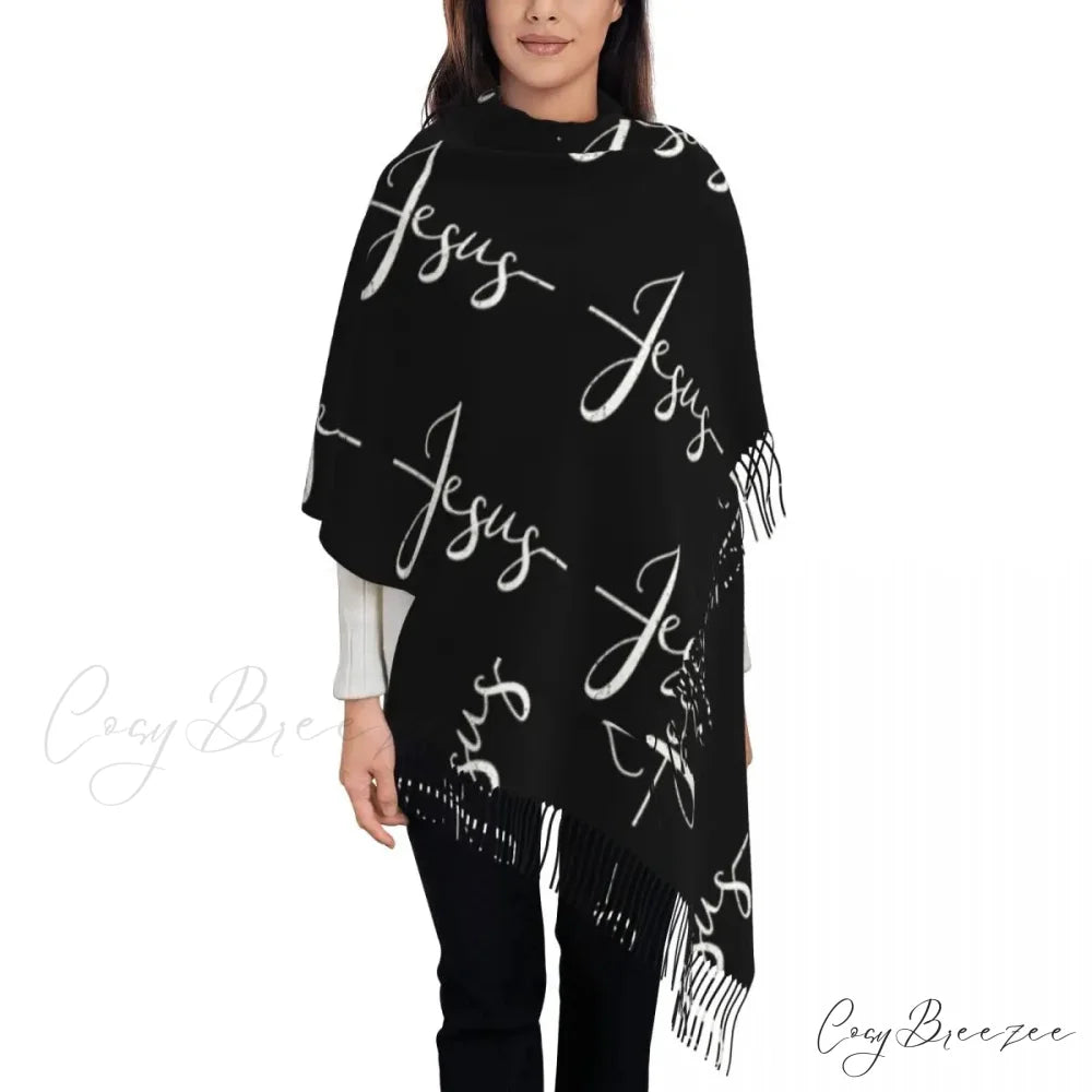 Jesus Saved My Life Warm Winter Christian Faith Shawl Wrap Scarf BLACK 4 / 72x197cm