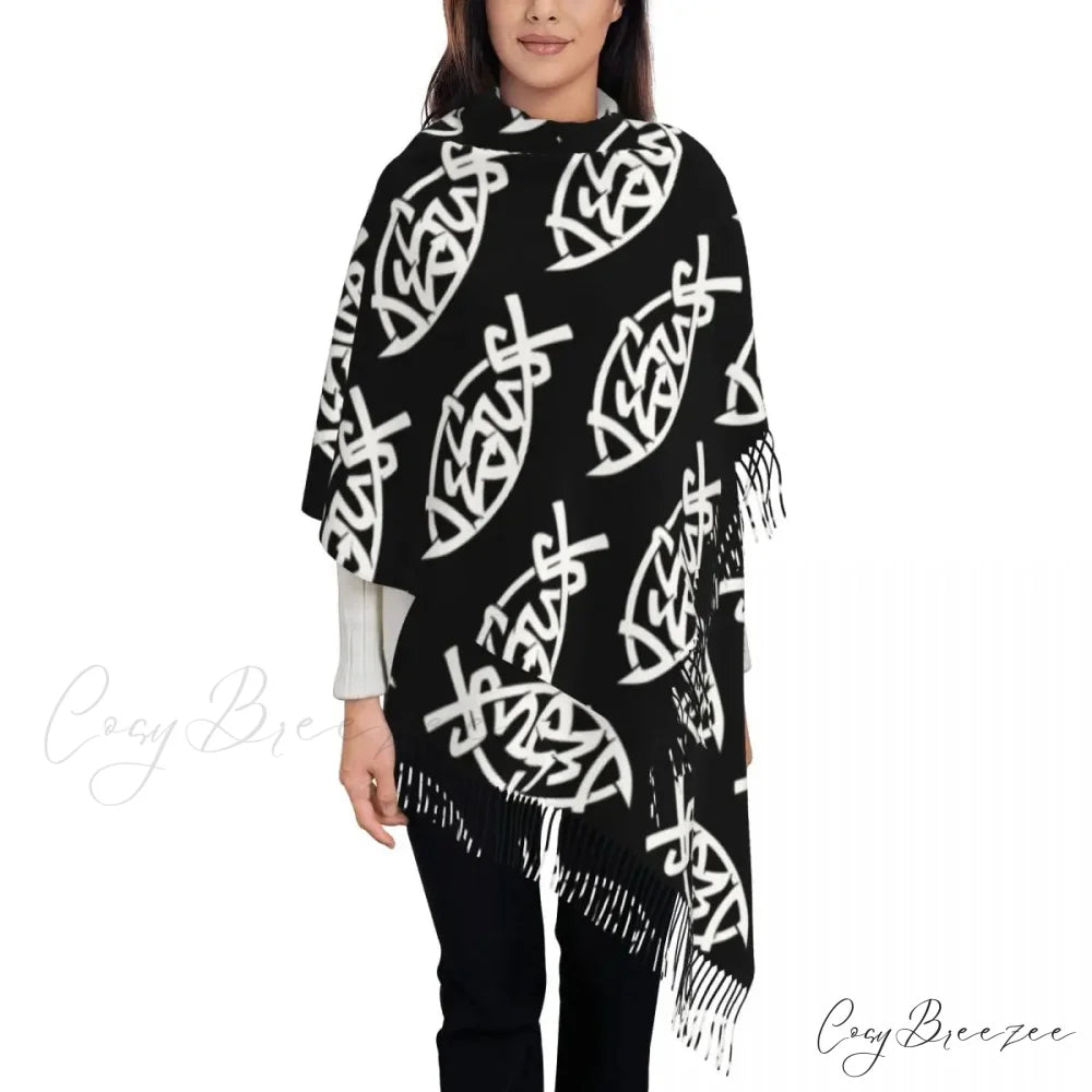 Jesus Saved My Life Warm Winter Christian Faith Shawl Wrap Scarf BLACK 9 / 72x197cm