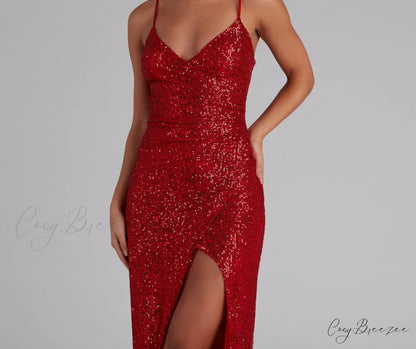 Jewel Formal High Charming Slit Sequin Dress