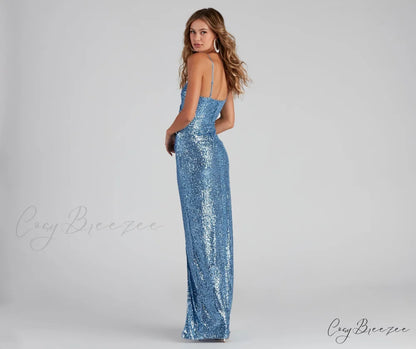 Jewel Formal High Charming Slit Sequin Dress