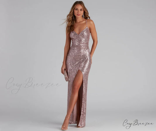 Jewel Formal High Charming Slit Sequin Dress MAUVE / XS
