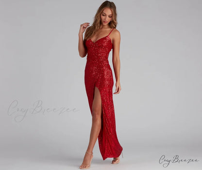 Jewel Formal High Charming Slit Sequin Dress RED / XS