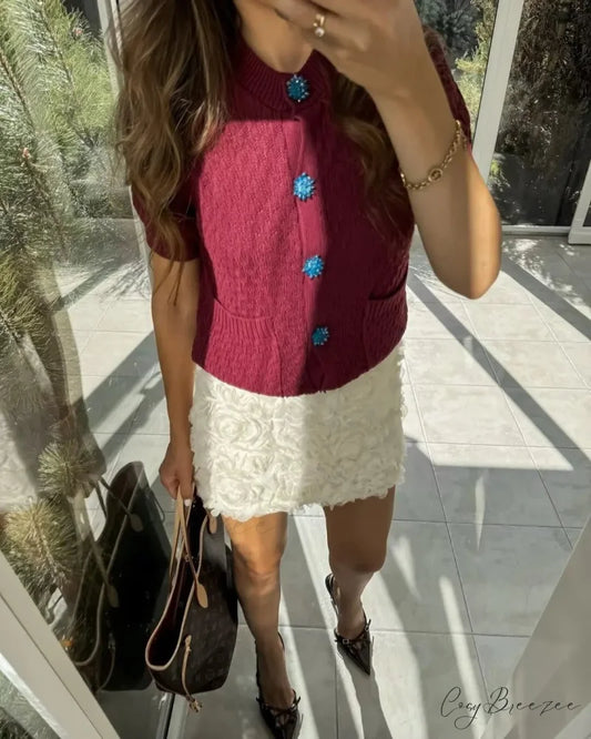 Jewelry Button Short Sleeve Round Neck Cardigan Dark red / S cardigans-241228