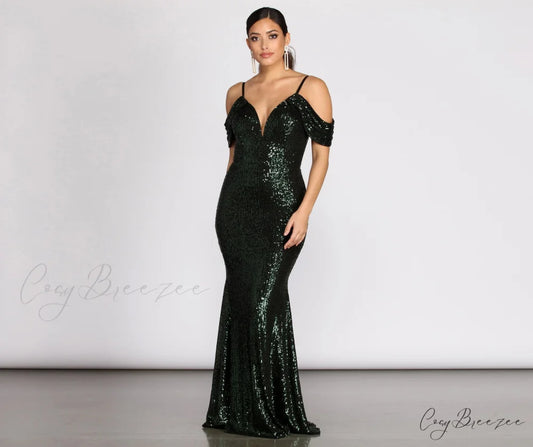 Jillian Deep Stylish V Sequin Dress HUNTER / S