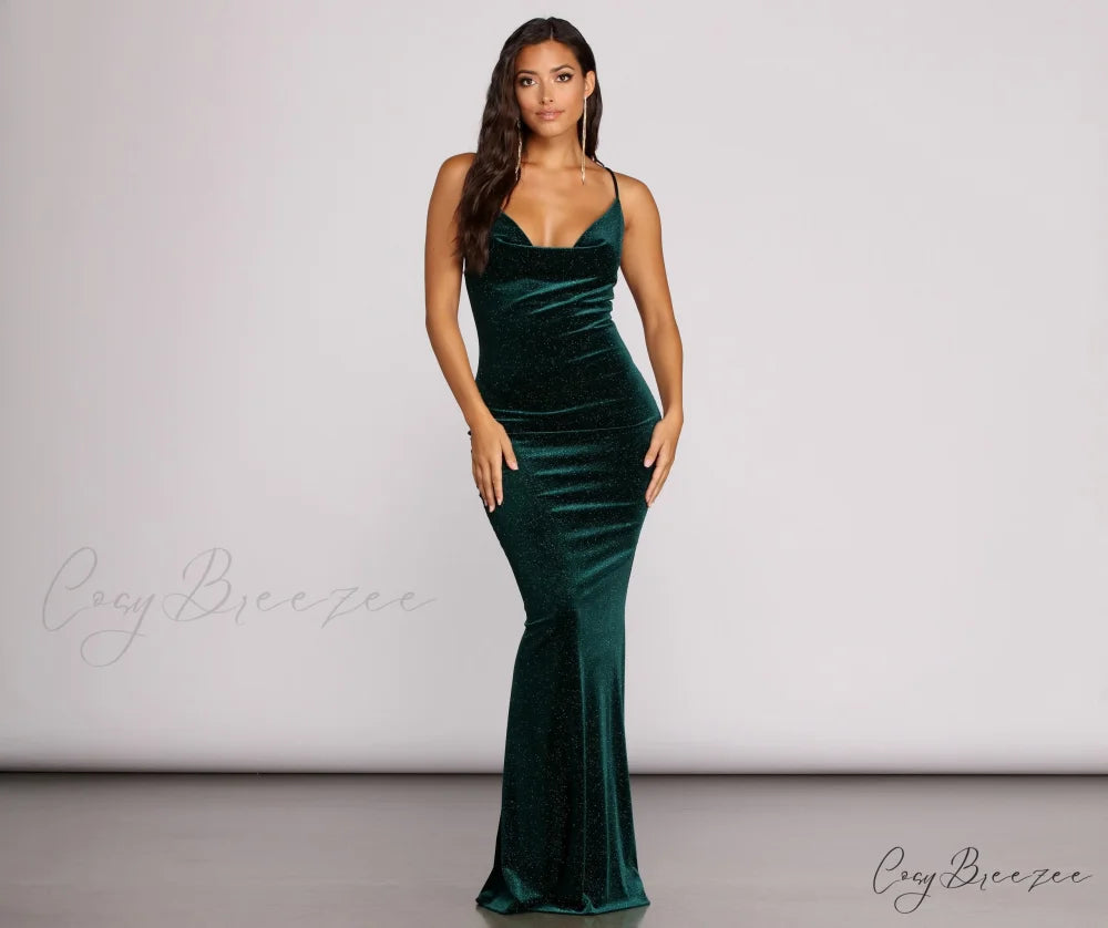 Jolene Formal Stylish Glitter Velvet Dress EMERALD / S