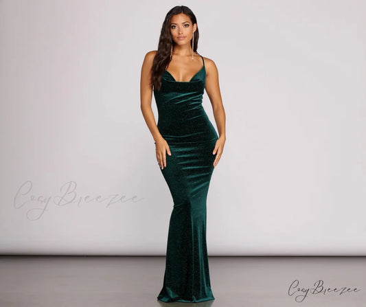 Jolene Formal Stylish Glitter Velvet Dress EMERALD / S
