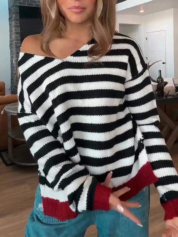 Cosybreezee - Women's V-neck Striped Sweater