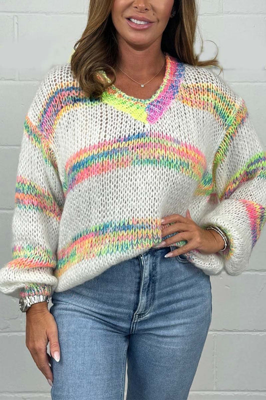 Cosybreezee - Women's V-Neck Multicoloured Stripe Knit Jumper