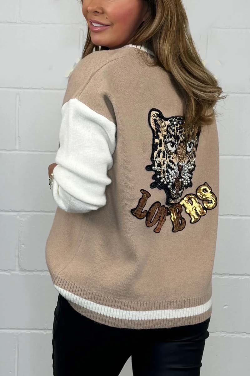 Cosybreezee - Women's Camel & Cream Baseball Style Cardigan With Sequin Cheetah Detail