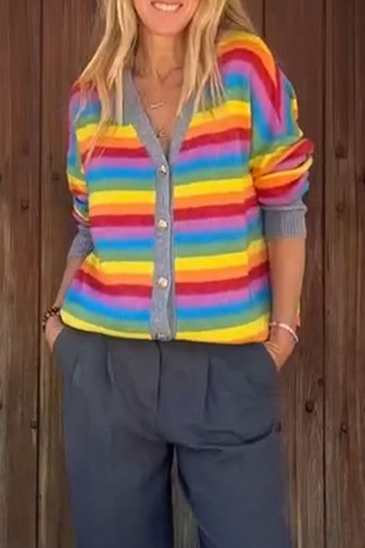 Cosybreezee - Women's Casual Rainbow Stripe Knit Cardigan