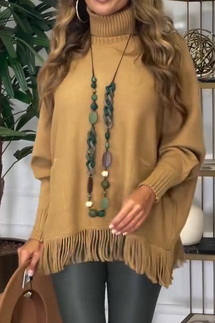 Cosybreezee - Women's casual high neck hem tassel pullover sweater