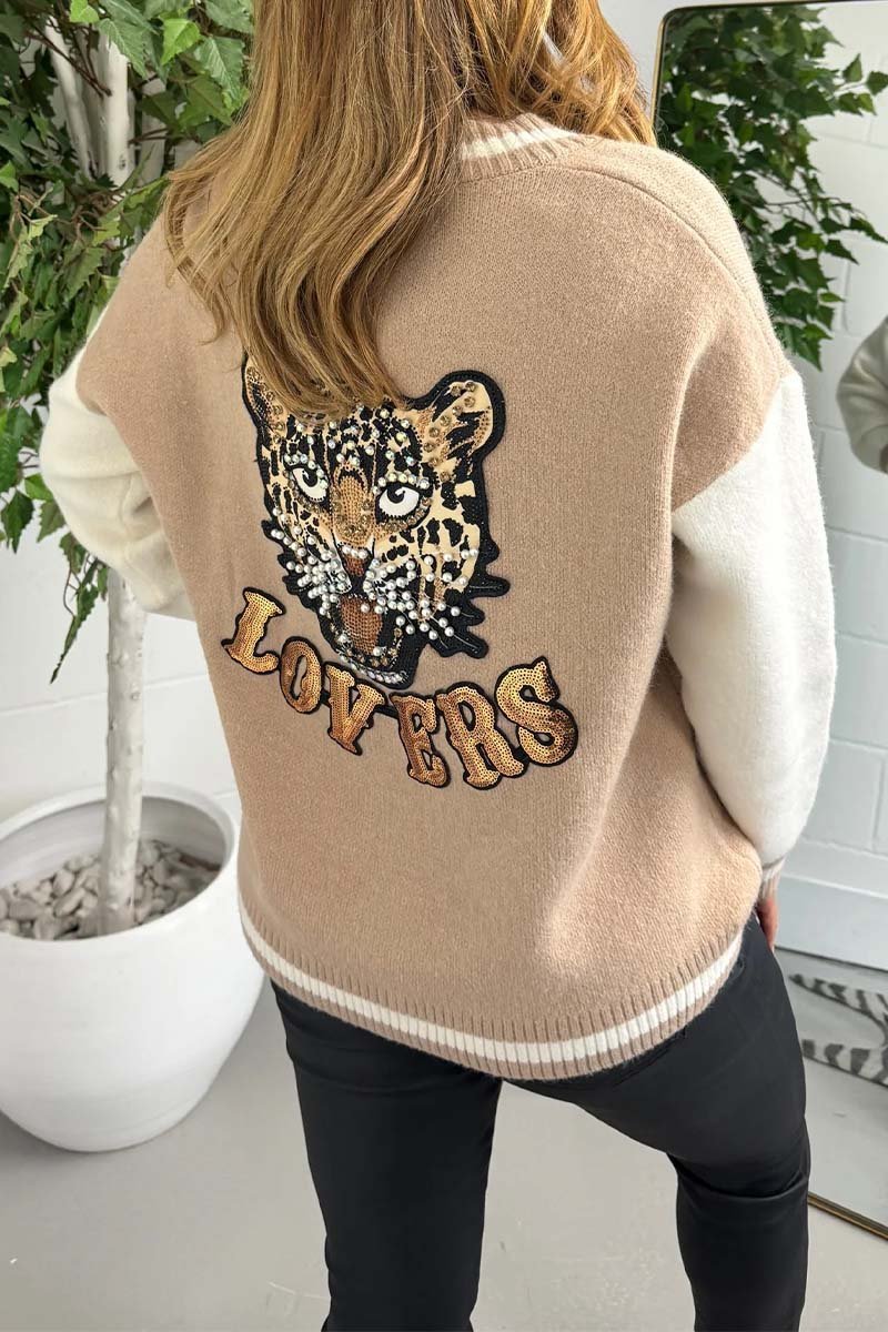 Cosybreezee - Women's Camel & Cream Baseball Style Cardigan With Sequin Cheetah Detail