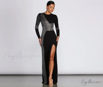 Julie Heat Stone Charming High Slit Formal Dress BLACK / S