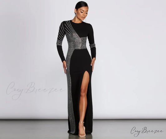 Julie Heat Stone Charming High Slit Formal Dress BLACK / S