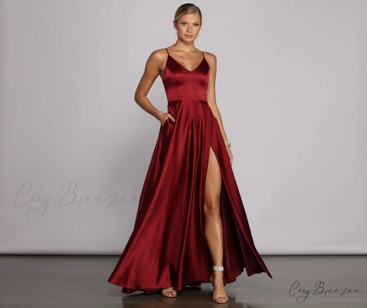 Juliet Formal Stylish High Slit Dress BURGUNDY / 1