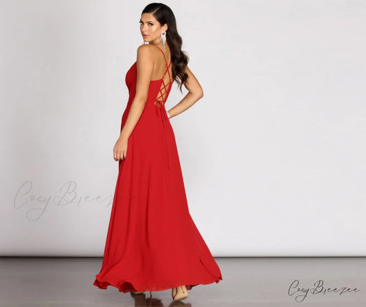 Kai Chiffon Lace Charming Up Back A-Line Dress RED / 3