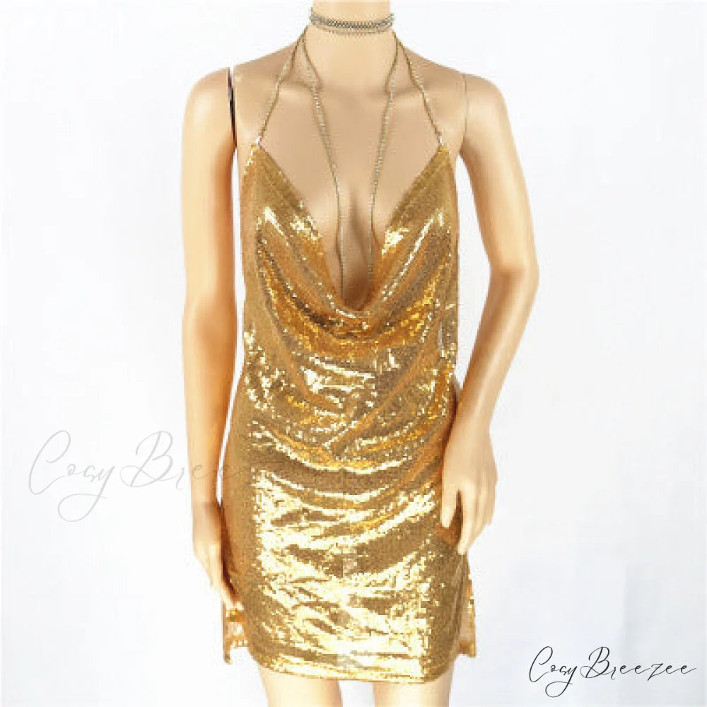 Karina Formal Sequin Charming Cross Back Mini Dress Gold / S