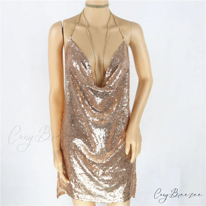 Karina Formal Sequin Charming Cross Back Mini Dress Rose gold / S