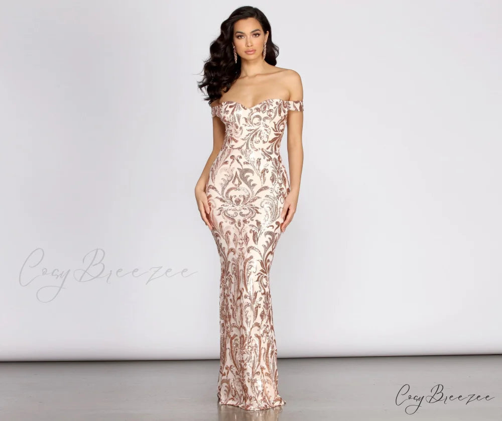 Karleen Sequin Stylish Off Shoulder Dress ROSE GOLD / S