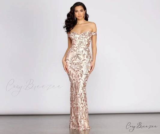 Karleen Sequin Stylish Off Shoulder Dress ROSE GOLD / S