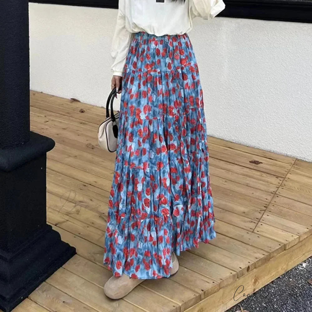 Kawaii Bohemian Floral Maxi Skirt Summer Retro Romantic blue / One Size skirt-250126