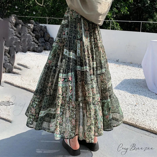 Kawaii Chiffon Splice Floral Tea Break Skirt Green / One Size skirt-250126