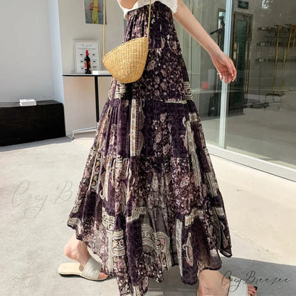 Kawaii Chiffon Splice Floral Tea Break Skirt PURPLE / One Size skirt-250126