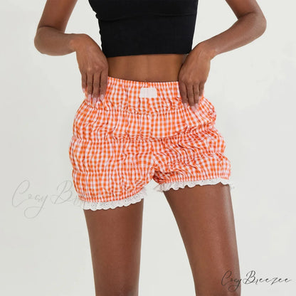 Kawaii Lace Hem Plaid Bloomer Shorts Orange / S short-250223