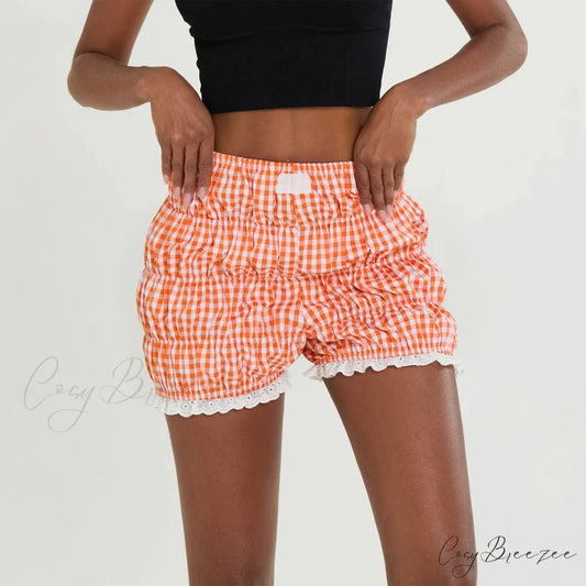 Kawaii Lace Hem Plaid Bloomer Shorts Orange / S short-250223