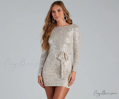 Kayce Sequin Stylish Tie-Waist Party Dress SILVER / XS