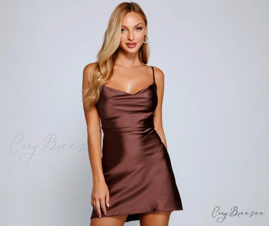 Keep It Sleek Charming Satin Mini Dress BROWN / XS