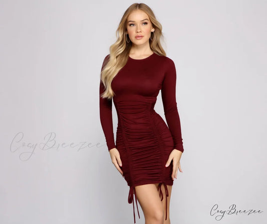 Keepin’ Knit Cute Charming Ruched Mini Dress RAISIN / XS