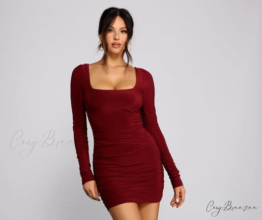 Keeping Knit Sultry Charming Long Sleeve Mini Dress BURGUNDY / XS