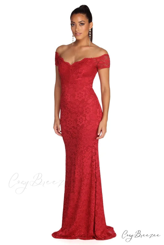 Keisha Formal Stylish Scalloped Lace Dress RED / S
