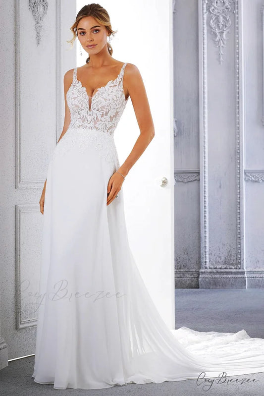 Kelsey Chiffon & Trendy Lace Wedding Dress White / 2