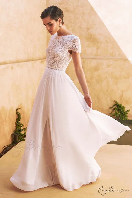 Kelsey Lace Graceful Chiffon Wedding Dress White / 2