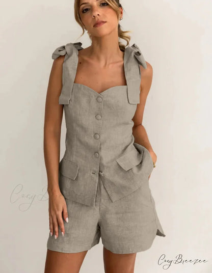 Khaki Cotton Slim Sleeveless Work Set Khaki / S officetwopieceset-250223