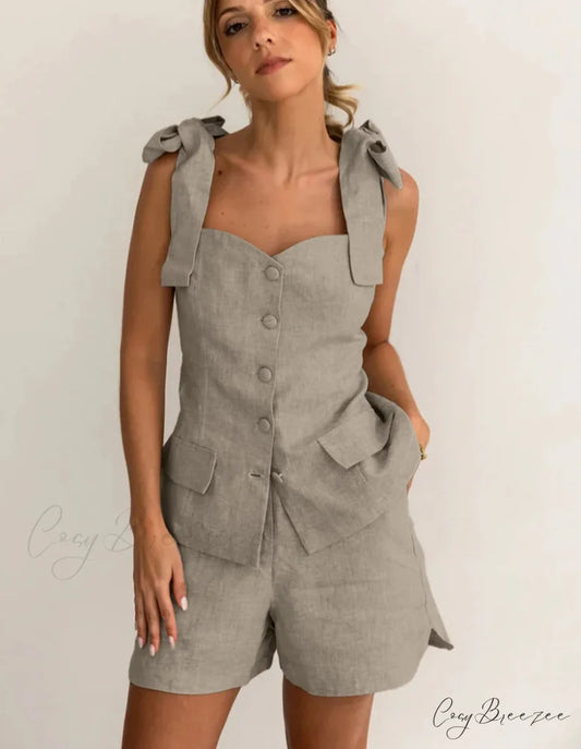 Khaki Cotton Slim Sleeveless Work Set Khaki / S officetwopieceset-250223