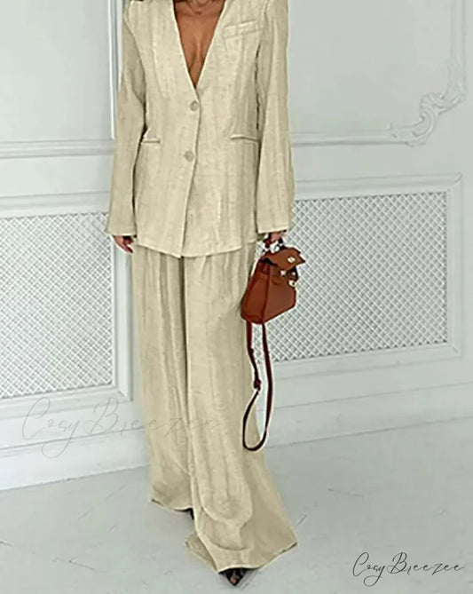 Khaki Deep V-Neck Loose Trousers Office Set Khaki / S officetwopieceset-250223