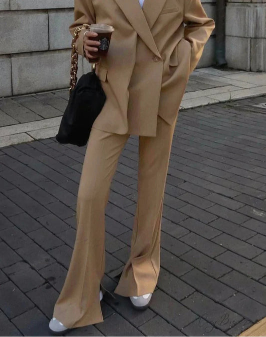 Khaki Long Sleeve Slit Pants Office Set officetwopieceset-250223