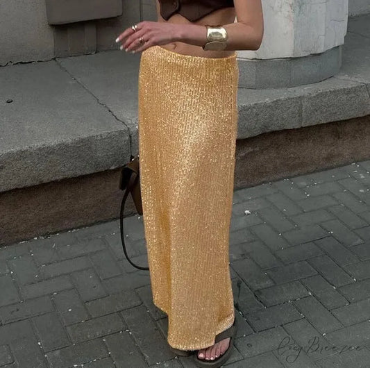 Khaki Sequins Long High Waist Slit Skirt Gold / S
