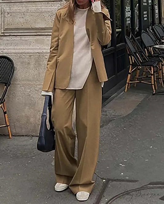 Khaki Simple Shirt Trousers Office Set Khaki / S officetwopieceset-250223