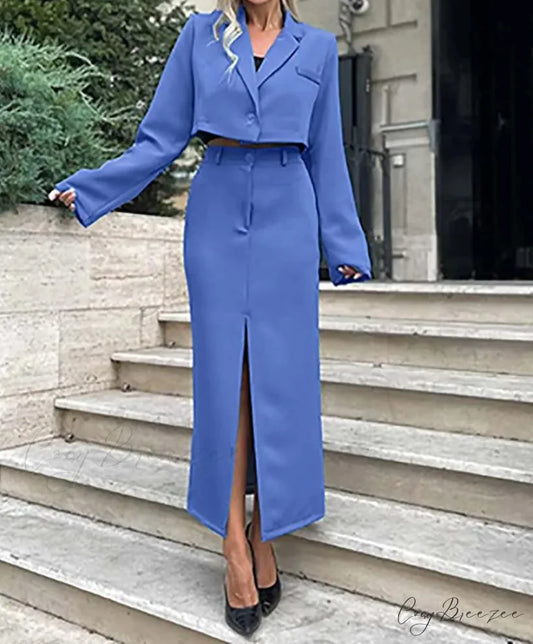 Khaki Single Button Crop Skirt Office Set Blue / S officetwopieceset-250223