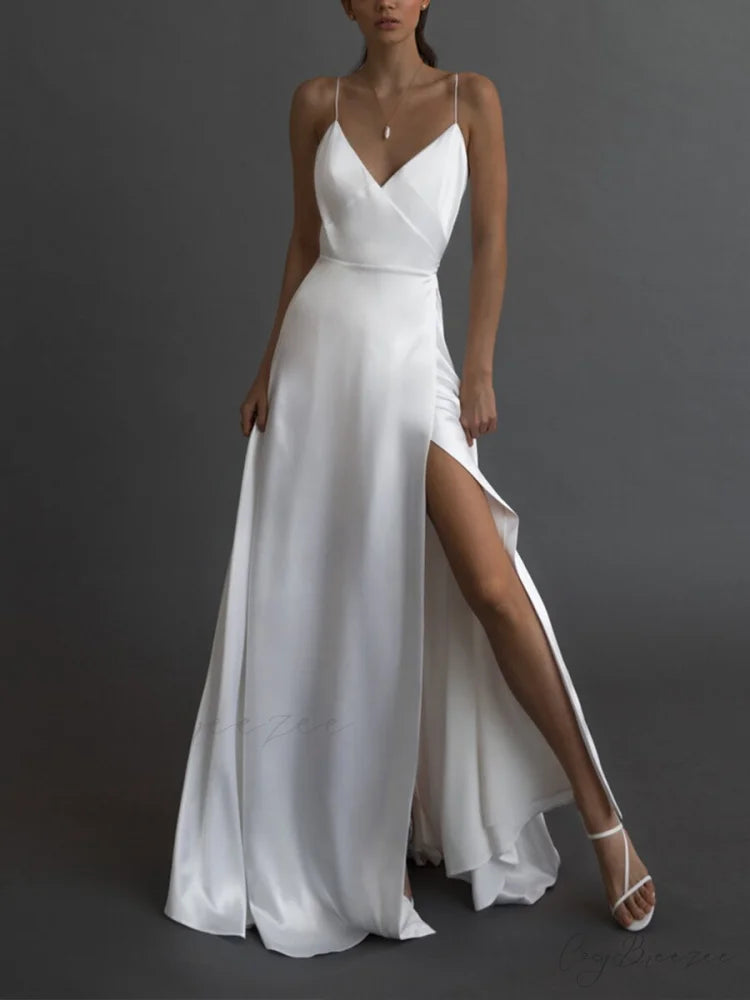 Kiara Satin Stylish High-Slit Mermaid Dress WHITE / S