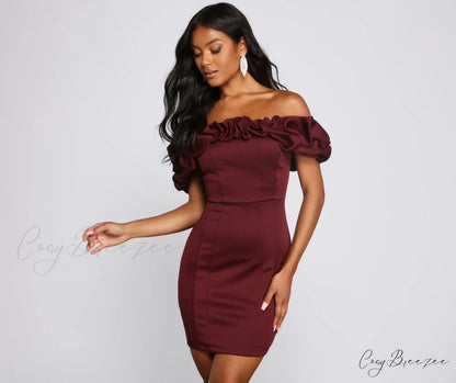 Kiari Formal Off Charming the Shoulder Ruffled Dress BURGUNDY / XS