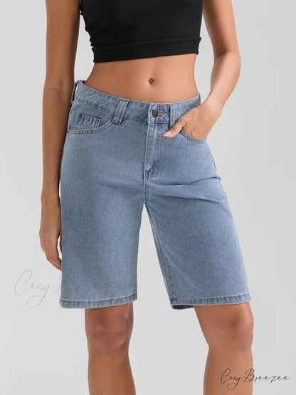 Knee-Length Button Denim Shorts Light Blue / S short-250223