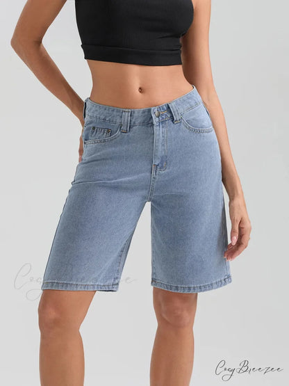 Knee-Length Button Denim Shorts short-250223